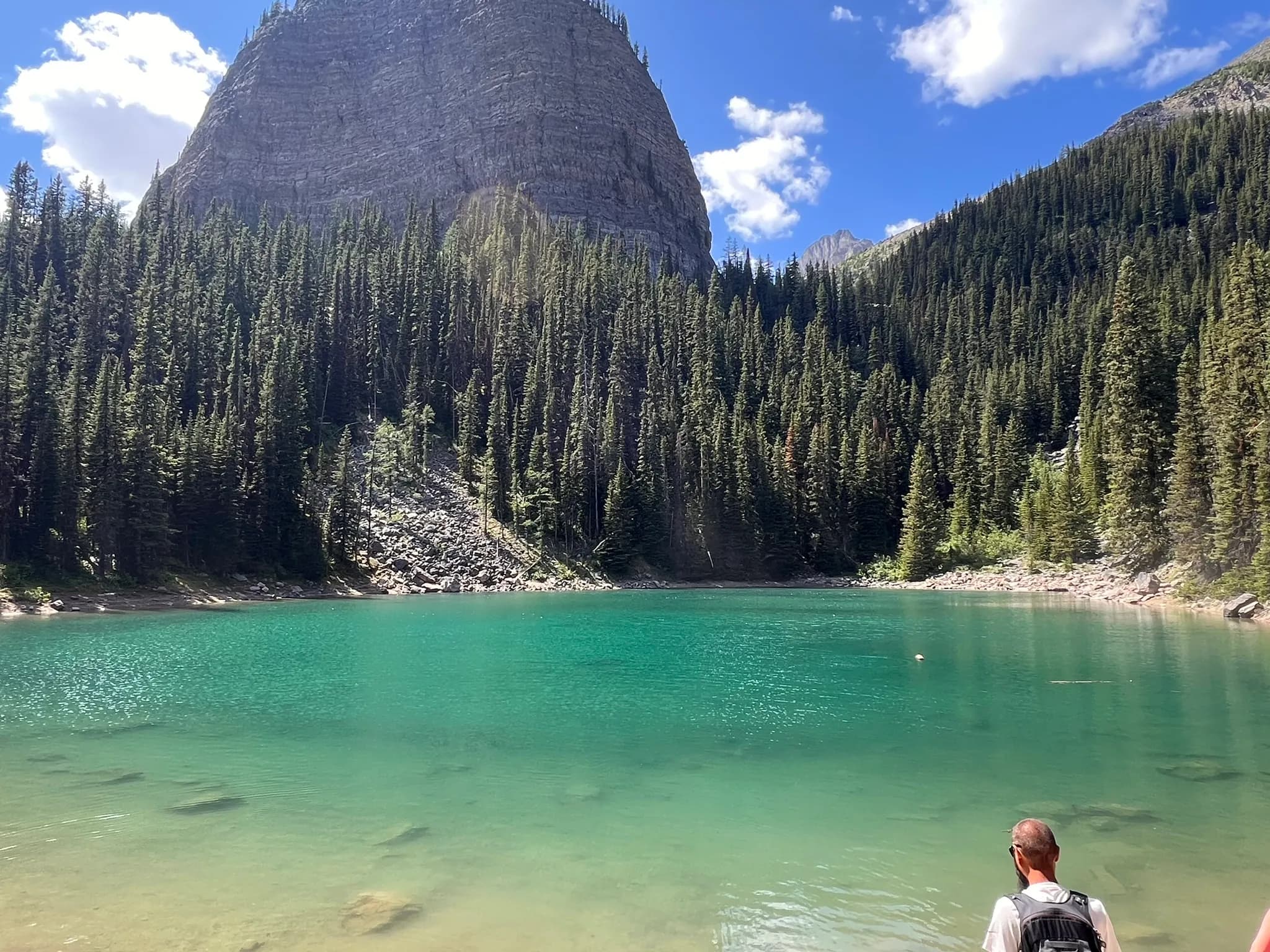 A turquoise alpine lake below a rock face and pine forest.